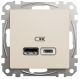 Розетка USB подвійна А+C, 2.4А, 230В, Бежевий, Sedna Design SDD112402